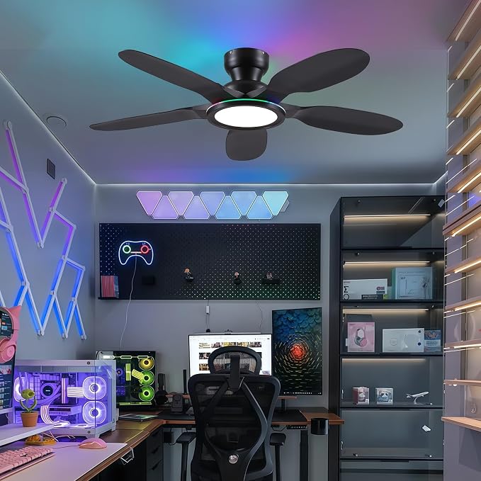 Kviflon Ceiling Fans with Lights and Remote/APP Control, 52 inch Low Profile Ceiling Fans with Dimmable White + RGB Ring Lights, 6 Speeds 5 Curved Blades for Kids Room Bedroom Bar, Black