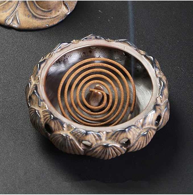 Ceramic Buddha Incense Burner Waterfall Chinese Backflow Incense Burner Holder with LED Light Incense Cones for Home Office Decor (Red)