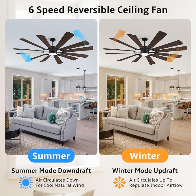 72'' Farmhouse Ceiling Fan with Light,12 Dual-Finish Wind Mill Blades, 3 Downrods, 6-Speed Reversible DC Motor, High CFM, 3CCT, Indoor Outdoor Industrial Fan for Patio Commercial Shop Garage