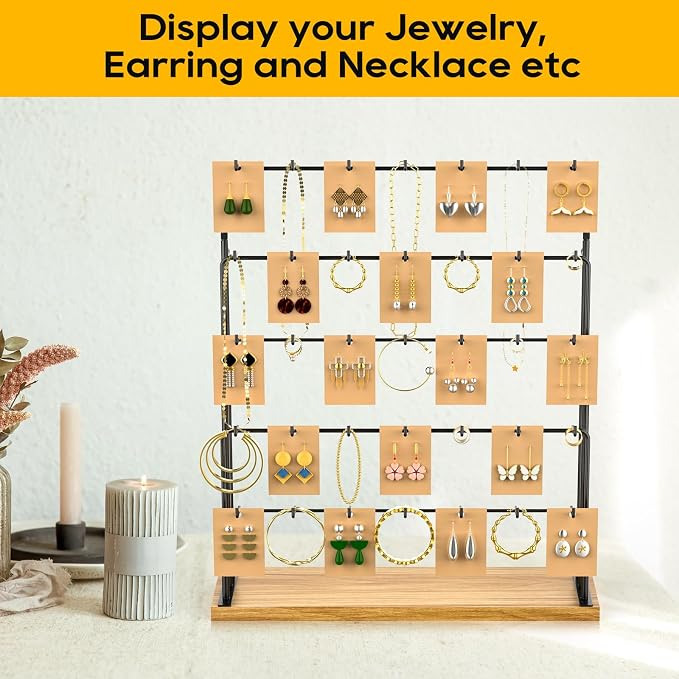 ORLESS Jewelry Display for Vendors, Earring Display Stand for Selling, Necklace Display Holder for Selling, Earring Cards Organizer for Bracelets, Rings, Jewelry Towers, Original Wood (35 Hooks)