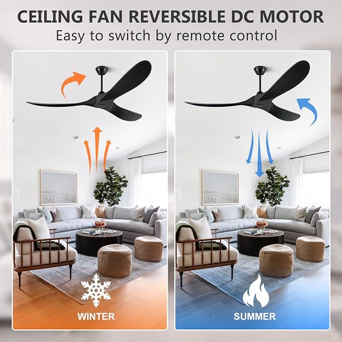 Eliora 60 Inch Ceiling Fans Without Light, Solid Wood Ceiling Fan with Remote Control and Quiet DC Motor, Ceiling Fan no Light 3 Blades, Outdoor Ceiling Fans for Patios without Lights Matte Black