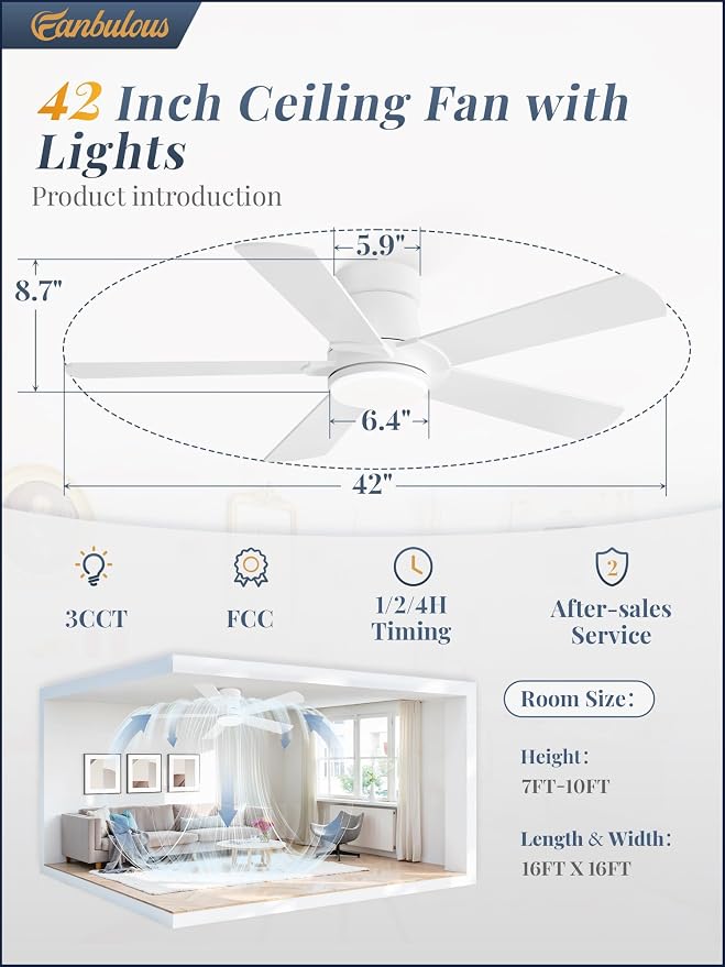 Fanbulous 42” Ceiling Fans with Lights and Remote, Flush Mount Ceiling Fan | Low Profile,Modern Ceiling Fan with LED Light, 5 Blades, 3CCT, 6 Speeds,Timer,Bedroom, Indoor, Outdoor,Living room,White