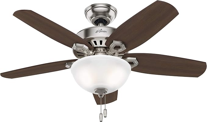 Hunter 42 inch Indoor Ceiling Fan with LED Light - Ceiling Fan with Pull Chain, For Bedroom or Living Room, Standard Mount, No Remote, 5 Blades, Includes Bulbs - Builder 52219, Brushed Nickel