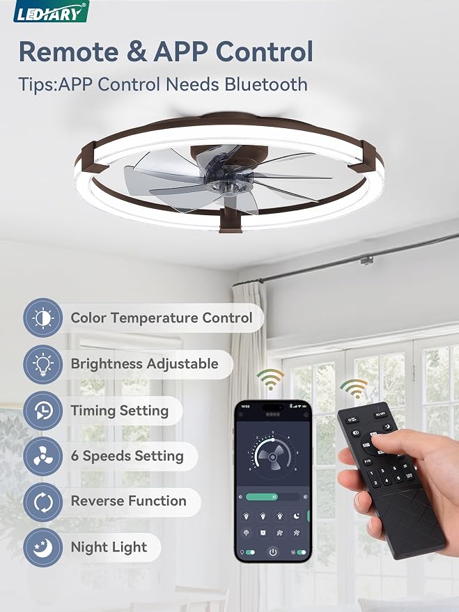 LEDIARY Ceiling Fans with Lights, 23 Inch Low Profile Ceiling Fan with Remote, 6 Speeds, Reversible, Dimmable Flush Mount Fan Light, Modern Fandelier Ceiling Fan with Lights for Bedroom, Brown