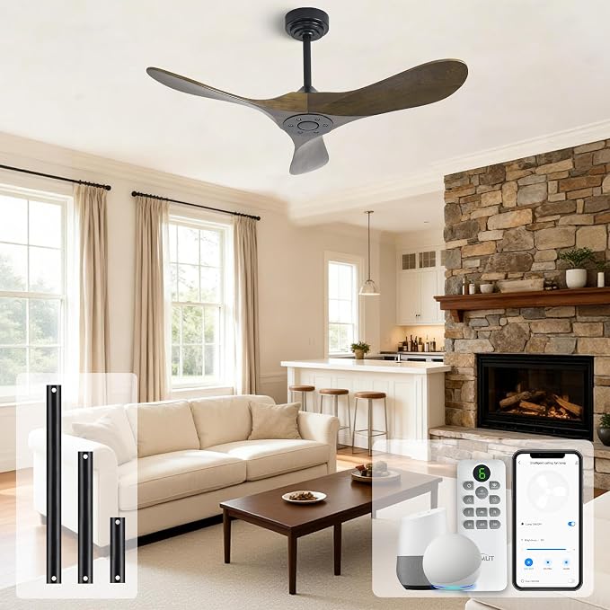 Outdoor Ceiling Fan Without Light, 42Inch Smart Ceiling Fan with Remote & Voice Control for Compatible with Alexa/Google, 3-Blade Wood Fan, Quiet DC Motor, 6 Speeds for Patio, Porch, Farmhouse