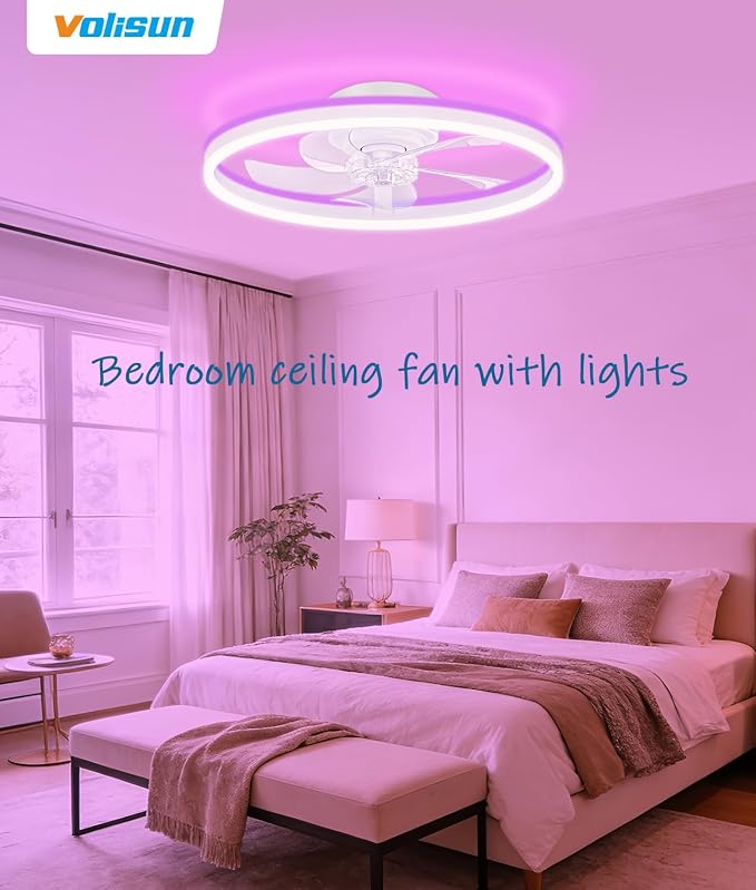 VOLISUN RGB Ceiling Fans with Lights and Remote, 20in Low Profile Ceiling Fans with Lights Flush Mount, 3000K-6500K Dimmable Fandelier LED Fan Light, White Bladeless Ceiling Fans for Bedroom
