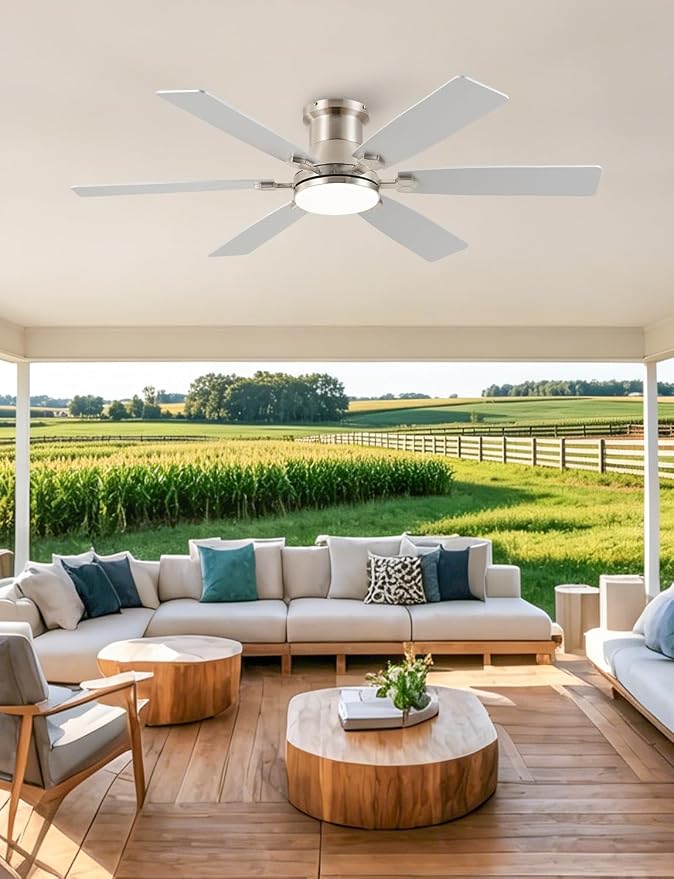52inch Low Profile Ceiling Fan with Light and Remote/APP Control, LED Dimmable DC ReversibleModern, Flush Mount,6 Blade,Nickel Ceiling Fan for Bedroom Living Room/Outdoor Use