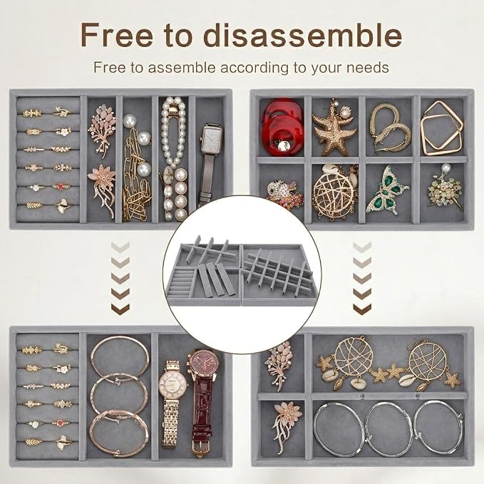 Velvet Jewelry Drawer Organizer – Four-Piece Stackable Jewelry Tray Set for Earrings, Rings, Necklaces, Bracelets, and Watches. Customizable jewelry dividers. Suitable for Dressing Tables or Vanities