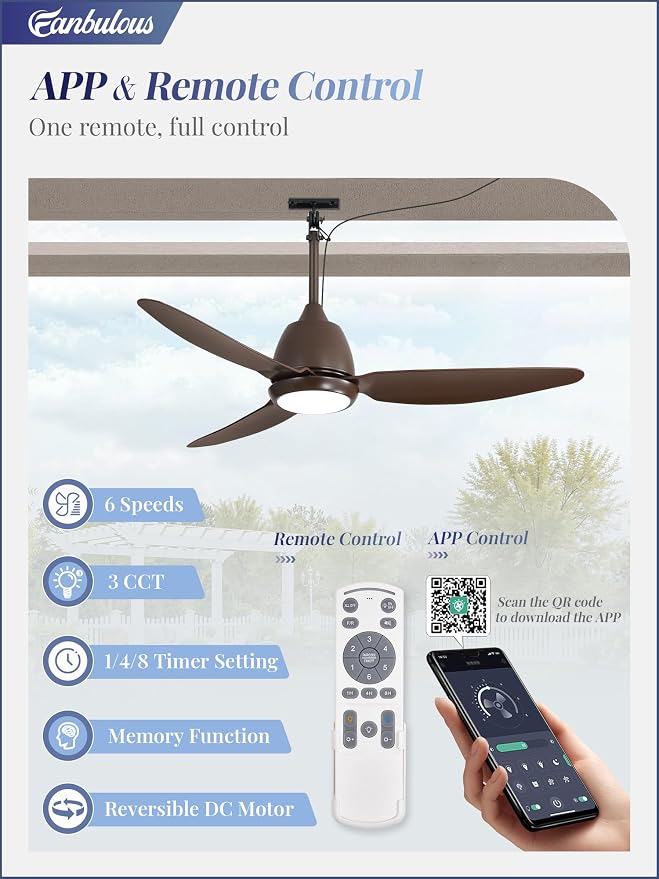 Fanbulous 42" Outdoor Ceiling Fan with Light, IP65 Waterproof Wet Rated, Plug in Gazebo Fan with 10FT Cord, Smart APP & Remote, 6-Speed Reversible DC Motor, 3CCT Dimmable LED for Patio Porch (Bronze)