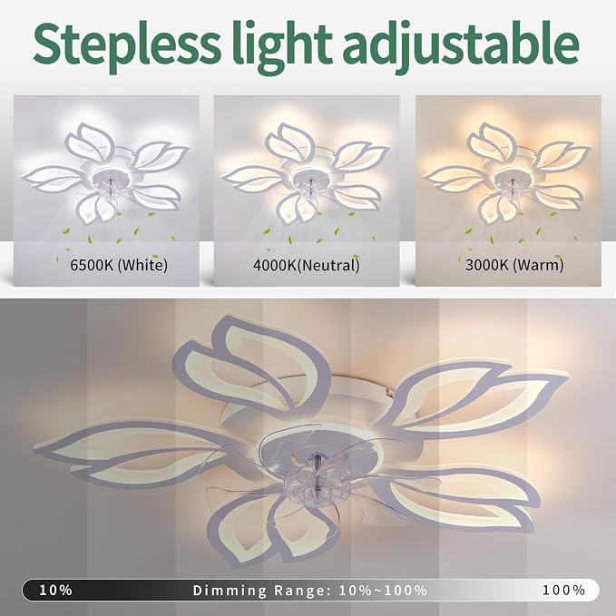 Modern Ceiling Fans with Lights, Low Profile Ceiling Fan with Remote for Bedroom, Flush Mount Ceiling Fan with LED Dimmable Light,3-Colors, 6-Speeds, Timing CeilingFan Light-White Leaves