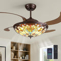 52inch Ceiling Fan Tiffany Style Stained Glass Retractable Ceiling Fans with Remote & Dimmable Light 6-Speed Reversible Motor for Bedroom Dining Room Living Room Kitchen