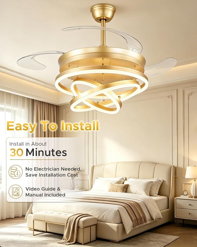 48 Inch Retractable Ceiling Fan with Lights, Gold Fandelier Chandelier Fan with Remote, 6-Speed Silent DC Motor, 3000K-6500K Dimmable LED Light, Modern Ceiling Fan for Bedroom Living Room Dining Room