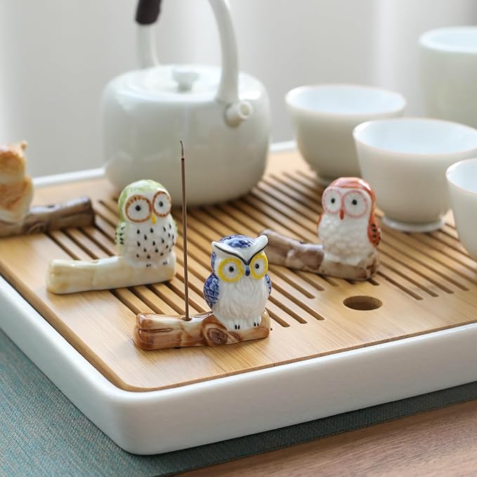 Set of 3, Japanese Handmade Mini Cute Owl Ceramic Incense Stick Holder, Adorable Animal Theme Inscent Tray for Home Decor Yoga Spa Meditation, 2 inches