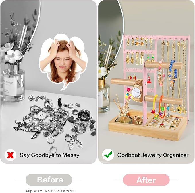 Godboat Jewelry Stand - 48 Holes Earring Holder, 4-Tier Necklace Organizer | 6 Hooks Jewelry Organizers and Storage, Bracelet Ring Rack with Wood Box, Preppy Gift Room Decor for Teen Girls Women, Pink