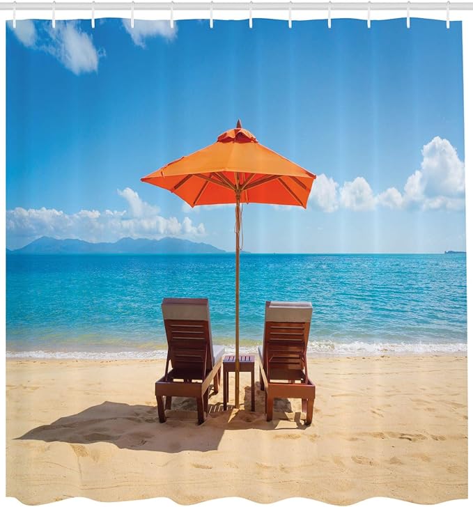 Ambesonne Coastal Shower Curtain, 2 Chairs and Caribbean Sea Under Umbrella Wedding Celebrations, Cloth Fabric Bathroom Decor Set with Hooks, 69" W x 75" L, Sand Brown Sky Blue