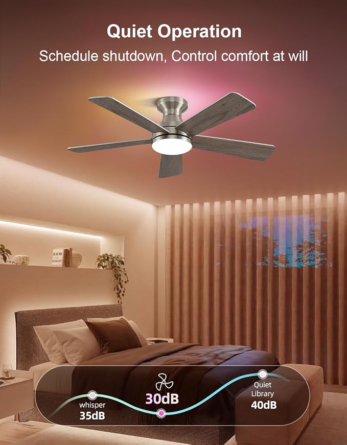 42 inch RGB Ceiling Fan with Light, Voice & App & Remote Control Low Profile Flush Mount Ceiling Fan,6 Speeds Silent Motor, 4-Color Temperature Dimmable for Home Office Party, Brush Nickel