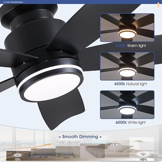 Wiviniya Ceiling Fans with Lights and Remote Control, 41 inch Low Profile Flush Mount Ceiling Fan, 3 CCT LED Dimmable Lights 5 Reversible Plastic Blades 6 Speeds for Bedroom Living Room, Black