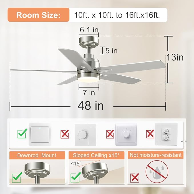 YUHAO 48 Inch Brushed Nickel Ceiling Fan with Light and Remote Control.Noiseless,Dimmable, 3CCT,6 Speeds Reversible, Modern DC Ceiling Fans for Indoor or Covered Outdoor Use,ETL Listed