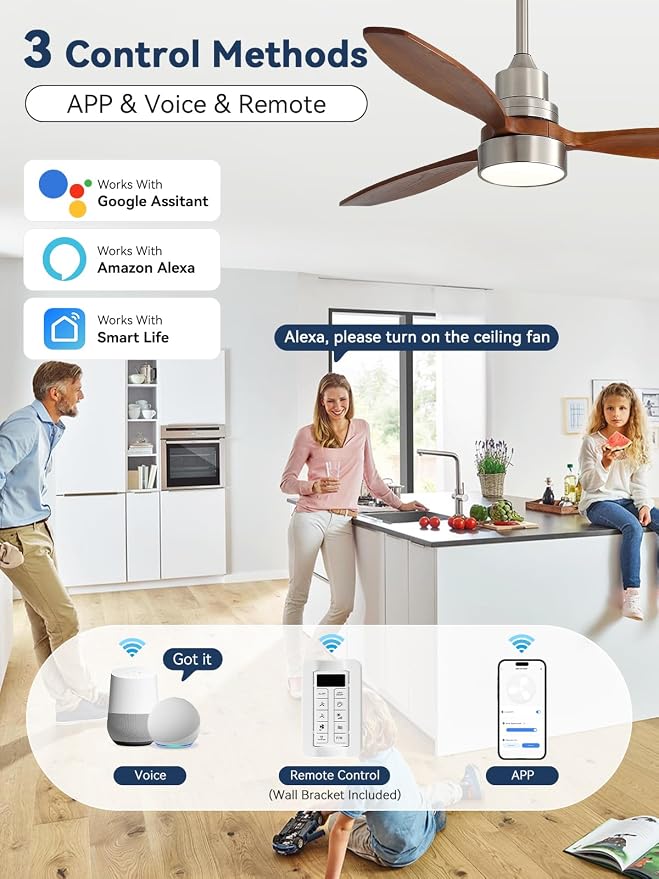 Sofucor 52 Inch Wood Smart Ceiling Fans with Lights and Remote, Works with App/Alexa/Google, 6-Speed Outdoor Ceiling Fan with Light, 3 Blade Ceiling Fan, Quiet DC Motor for Living Room Patio