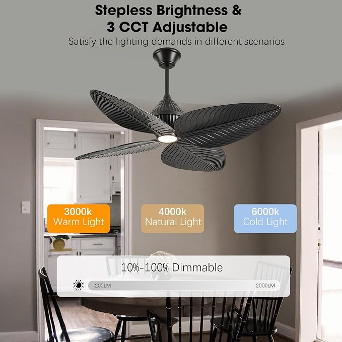 52" Tropical Ceiling Fans with Lights, Indoor Palm Leaf Ceiling Fan with Light and Remote for Living Room Bedroom, ABS Blades, Dimmable LED Lights, 6 Speeds, Adjustable Height-Black