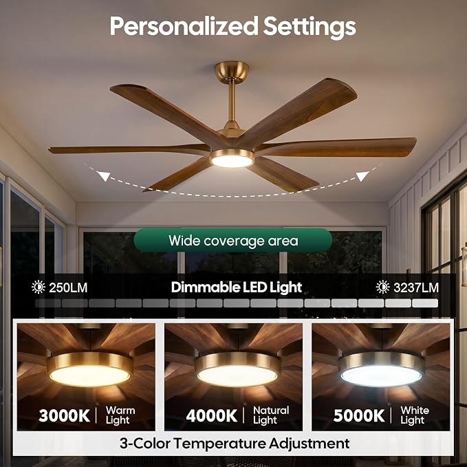 72 Inch Smart Ceiling Fan with Light,6 Solid Wood Blades,Gold Walnut Finish | Smart Voice/App/Remote Control, 9268 High CFM Quiet Reversible DC Motor, Dimmable, ETL Listed, Easy to install, 3 Downrods
