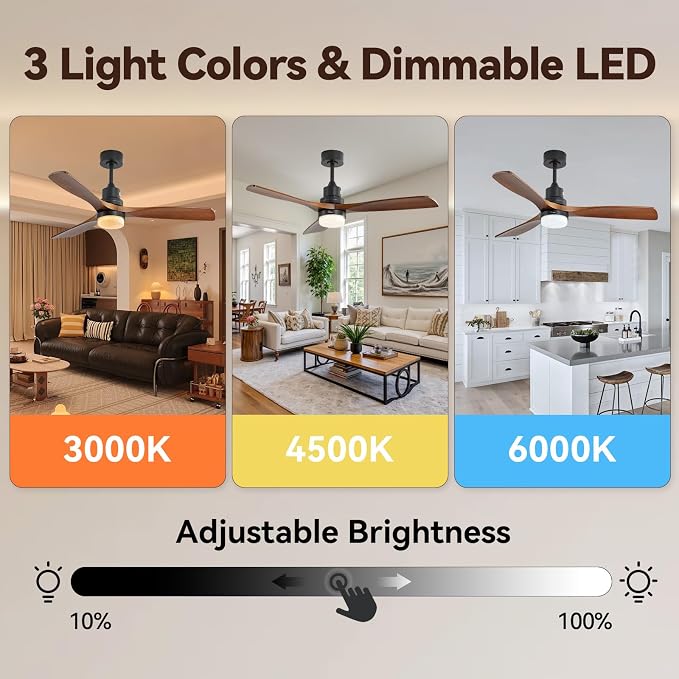 Sofucor Smart Ceiling Fan with Light, 52" Wood Ceiling Fan Compatible with Alexa/Google/App, 3-Color Light 6-Speed DC Motor Reversible Timer for Bedroom Living Room Patio Indoor Outdoor