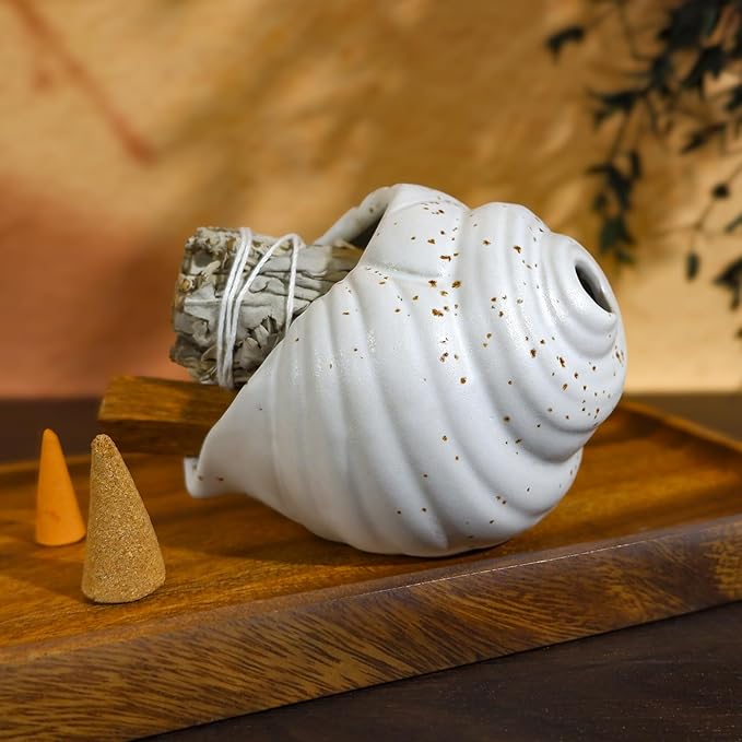 MOUGIGI Ceramic Conch Palo Santo Burner Holder - Mini Chiminea Incense Chimney, for Smudging Sage/Cones、Perfect for Meditation Altar & Witchcraft Supplies, Ideal Spiritual Decor & Gift for Zen Spaces