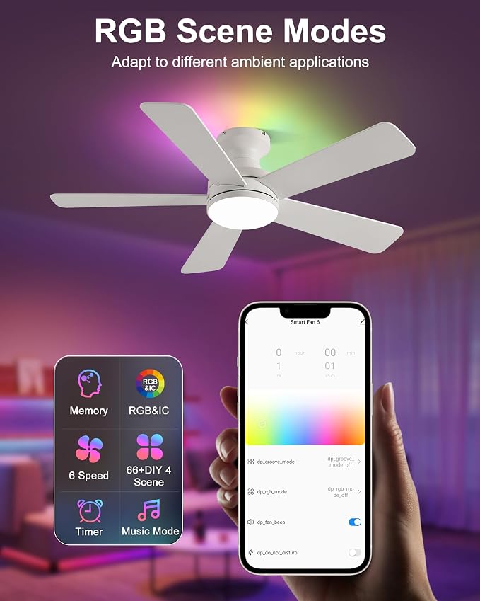 42 Inch Ceiling Fans with Lights, Smart Ceiling Fan with Alexa Google App, White Ceiling Fan with RGB Lights Remote, 6 Speeds Reversible DC Motor, Modern Flush Mount for Bedroom Living Room