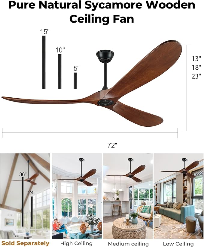 72" Ceiling Fans Without Lights, 72 inch Ceiling Fan No Light, High CFM Quiet 3 Blade Wood Walnut Ceiling Fan, Large Modern Outdoor Fan with Remote, Propeller Outdoor Ceiling Fans for Patios