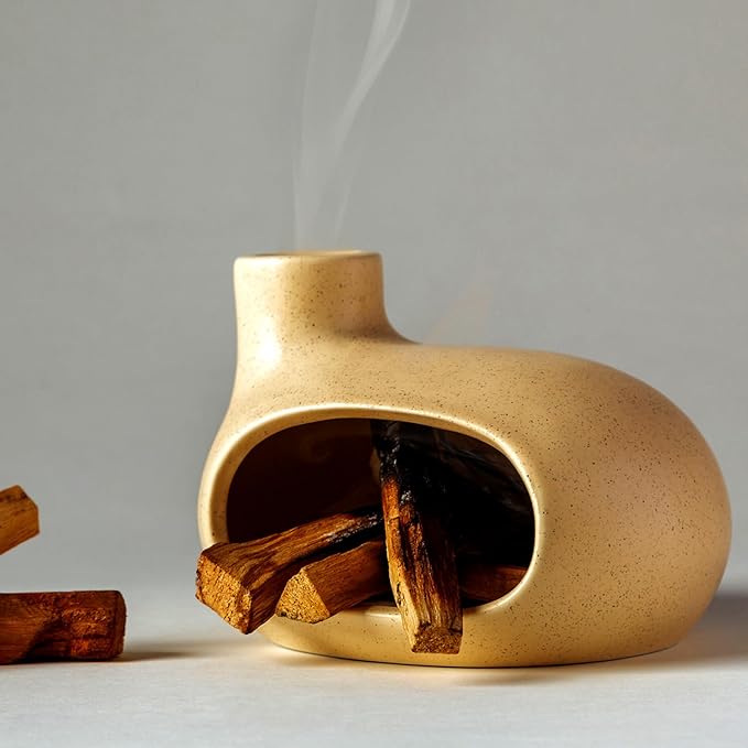 MOUGIGI Palo Santo Holder - Ceramic Incense Burner for Palo Santo Sticks, Cone, and Spiritual Sage - Modern Chiminea for Meditation - Handcrafted Smudge Bowl and Meditation Gift