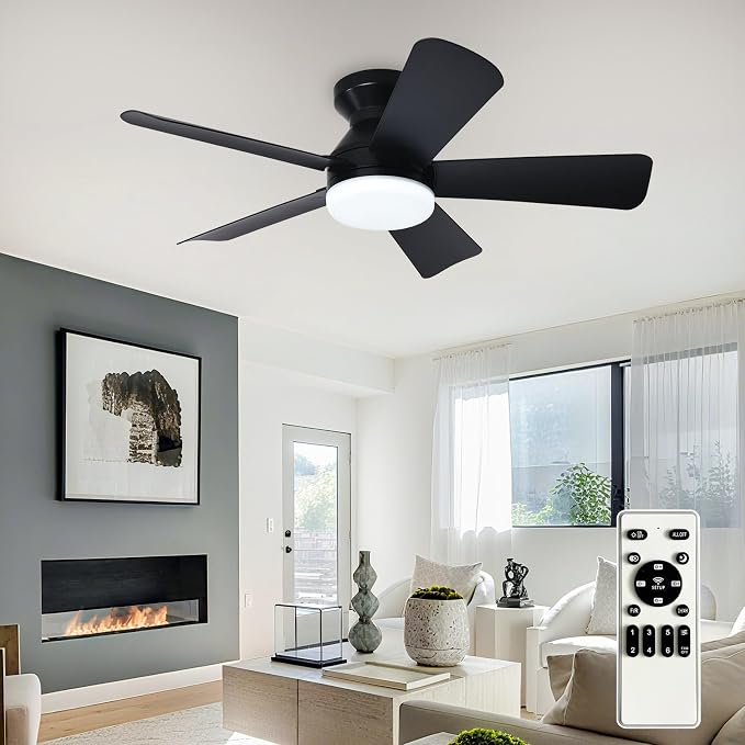 Ceiling fans with lights and Remote: 35 Inch Ceiling Fan with Light Low Profile - Flush Mount Ceiling Fan 5 Blades Reversible 3CCT Dimmable Noiseless for Bedroom (Black)