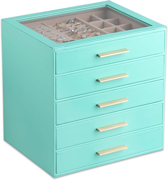 Frebeauty Jewelry Box for Women,Clear Lid Jewelry Organizer with 5 Drawers | Faux Leather,Velvet Lining,5-Layer Large Capacity,Jewelry Storage for Rings Earrings,Dustproof Design,Golden Stylish Handle