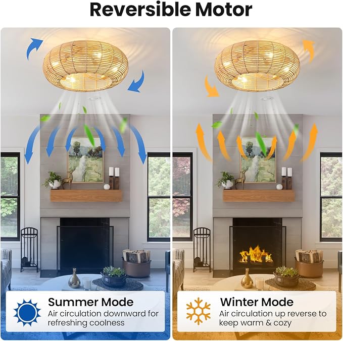 AIJIASI 20" Boho Ceiling Fan with Light and Remote, Rattan Caged Ceiling Fan with Light 6 Speeds Flush Mount Fandelier Ceiling Fan for Bedroom Living Room (4*E26 Base)
