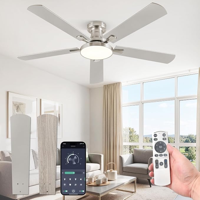 ZMISHIBO 52 Inch Flush Mount Ceiling Fan with Light, Remote&APP, Nickel | 6-Speed Quiet DC Motor, Dimmable 24W LED with 3CCT (3000K-6500K), Modern Low Profile for Living Room, Bedroom, Kitchen