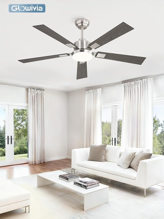 52 Inch Ceiling Fans with Lights and Remote&APP Control, Brushed Nickel Smart Ceiling Fan with 3000-6000K Dimmable, 6 Speeds Reversible, Indoor/Outdoor Ceiling Fan for Bedroom Living Room