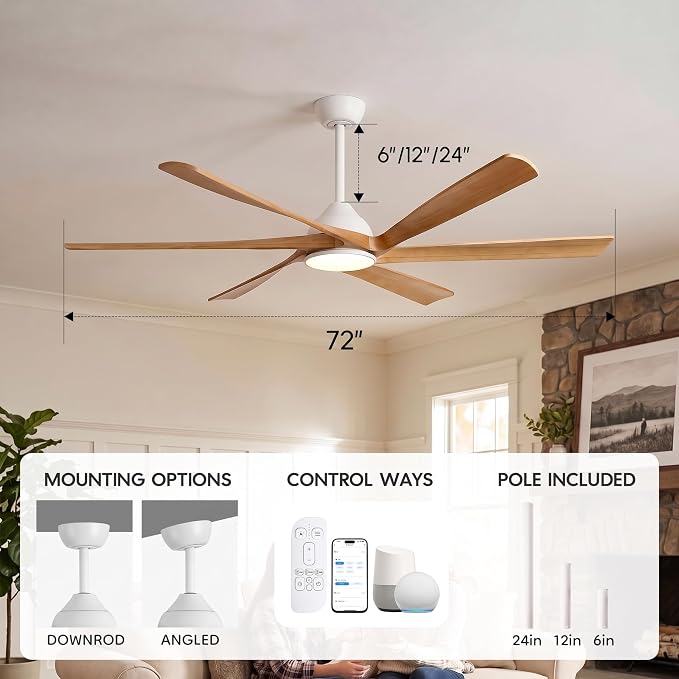 72 Inch Smart Outdoor Ceiling Fan with Light, Remote/Alexa/APP Control, 6 Solid Wood Blades, ETL Listed Quiet DC Motor, 8594 CFM Large Airflow, Damp Rated for Indoor Exterior Porch Gazebo Garage