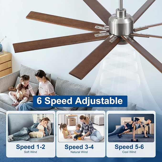 Rayqueen 62 Inch Brushed Nickel Ceiling Fans with Lights and Remote,Downrod | Walnut Blades,6 Speed Reversible DC motor,3-color temperature dimmable LED.For indoor/covered outdoor.5.9/11.8 inch downrod