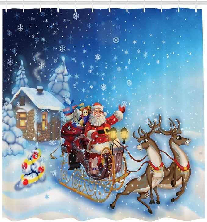 Ambesonne Christmas Shower Curtain, Santa in Sleigh Reindeer and Snowy North Pole Tale Fantasy Image, Cloth Fabric Bathroom Decor Set with Hooks, 69" W x 84" L, Navy Blue