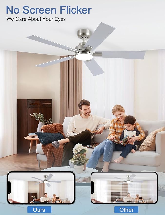 Modern Ceiling Fans with Lights - 52 inch Brushed Nickel Ceiling Fan with Light and Remote, Reversible DC Motor, 6-Speed Quiet 3CCT for Bedroom, Indoor, Patios, ETL Listed