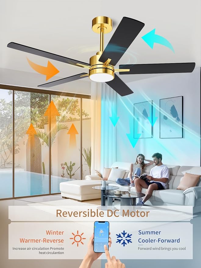 LANMEL 52'' Black and Gold Ceiling Fans with Lights and Remote, 6 Speed Low Profile Modern Ceiling Fan with Quiet DC Motor for Indoor Outdoor Bedroom Living Room