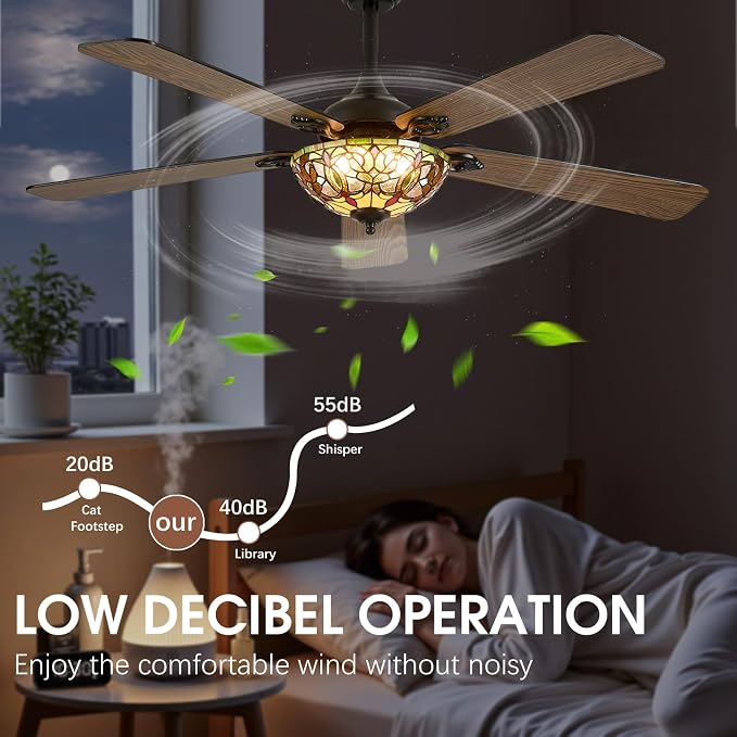 52" Tiffany Style Ceiling Fans with Lights, Vintage Chandelier Ceiling Fan with Stained Glass Shade, Dimmable LED, 6 Speeds Reversible for Bedroom (Art Nouveau)