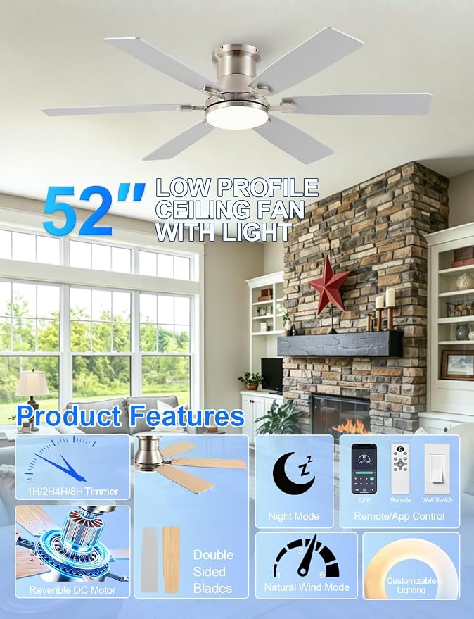 52inch Low Profile Ceiling Fan with Light and Remote/APP Control, LED Dimmable DC ReversibleModern, Flush Mount,6 Blade,Nickel Ceiling Fan for Bedroom Living Room/Outdoor Use