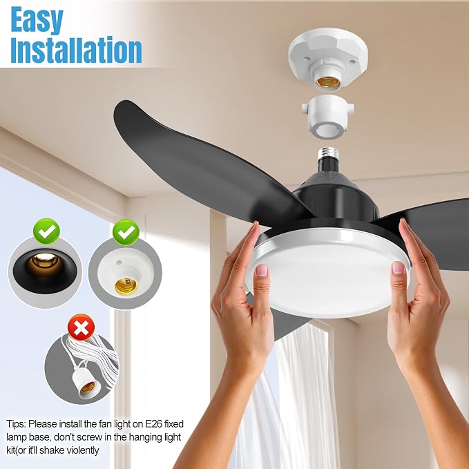 25" Socket Fan Light, Flower Shape 3000 Lumens Small Ceiling Fans with Lights and Remote, E26/E27 Light Bulb Fan with Reversible Motor, Dimmable 3000K-6500K for Bedroom Hallway Garage