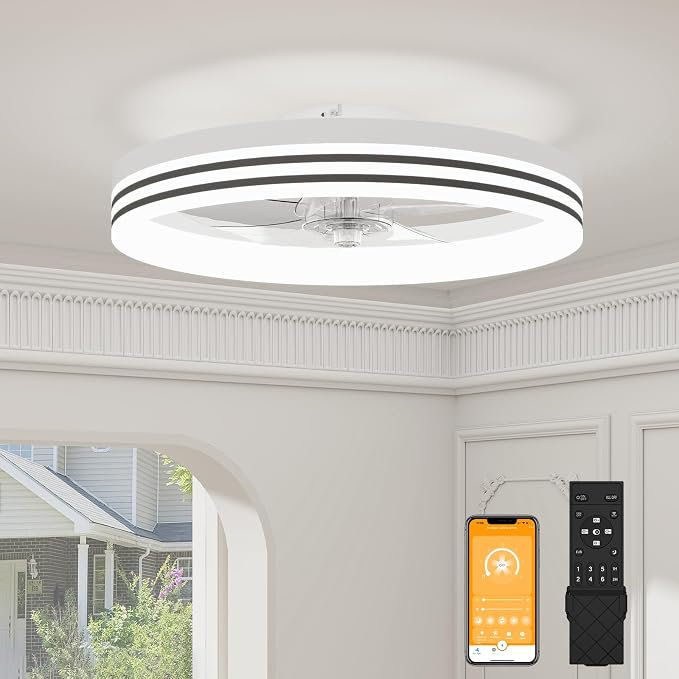VOLISUN Low Profile Ceiling Fans with Lights and Remote, No Assembly, 19.7in Flush Mount Ceiling Fan with Light, 3000K-6500K Dimmable Fandelier LED Fan Light, White Bladeless Ceiling Fans for Bedroom