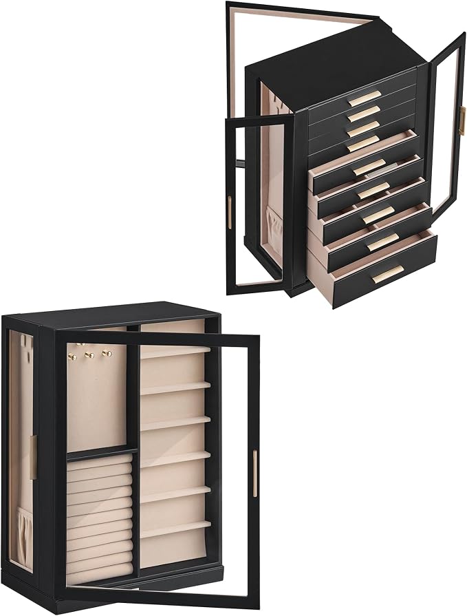 Glimmloop 360° Rotating Jewelry Box with 9 Drawers, Spacious Vertical Jewelry Organizer with Glass Window, Jewelry Storage Case, Dustproof & Moisture-resistant Design, Black