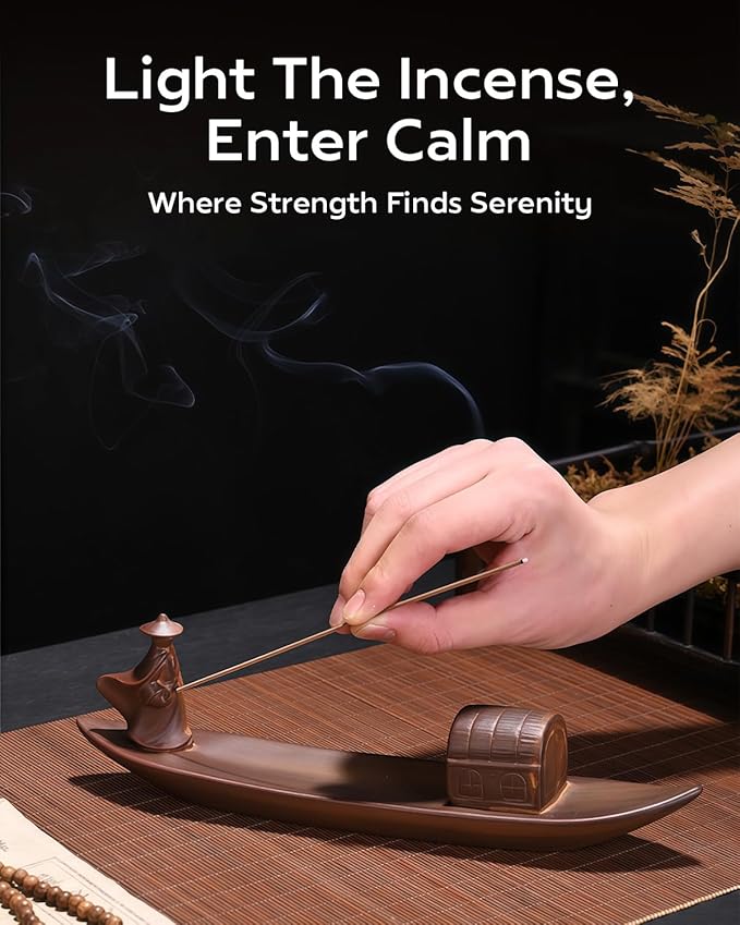 Zen Incense Holder - Ceramic Warrior Samurai on Drifting Boat, Kung Fu Master Figure for Meditation, Yoga, and Home Decor