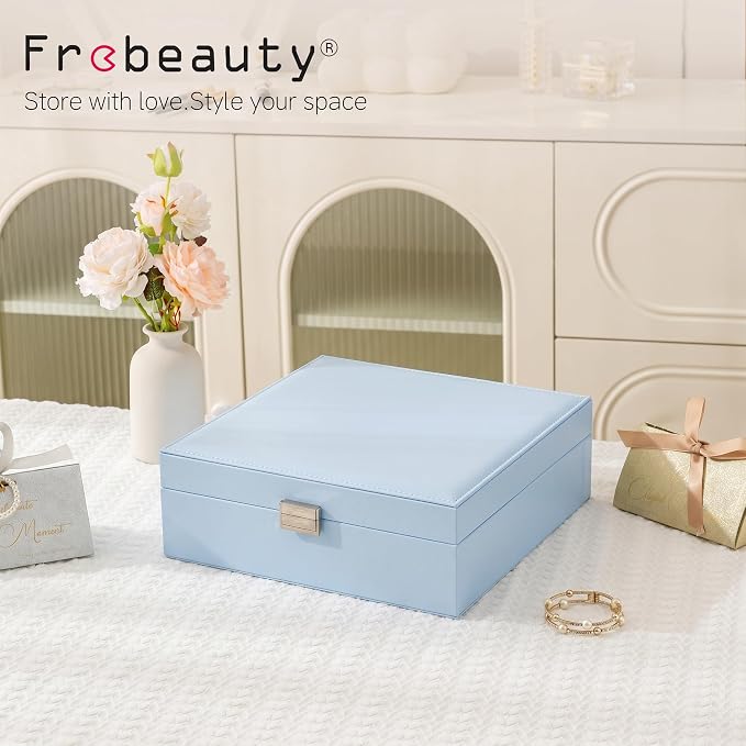 Frebeauty 50 Grid Earring Holder Organizer,2 Layer Jewelry Box for Women | Faux Leather,Velvet Lining,Adjustable Divider,Jewelry Organizer for Ring Necklace and Bracelet,for Home Use and Jewelry Store
