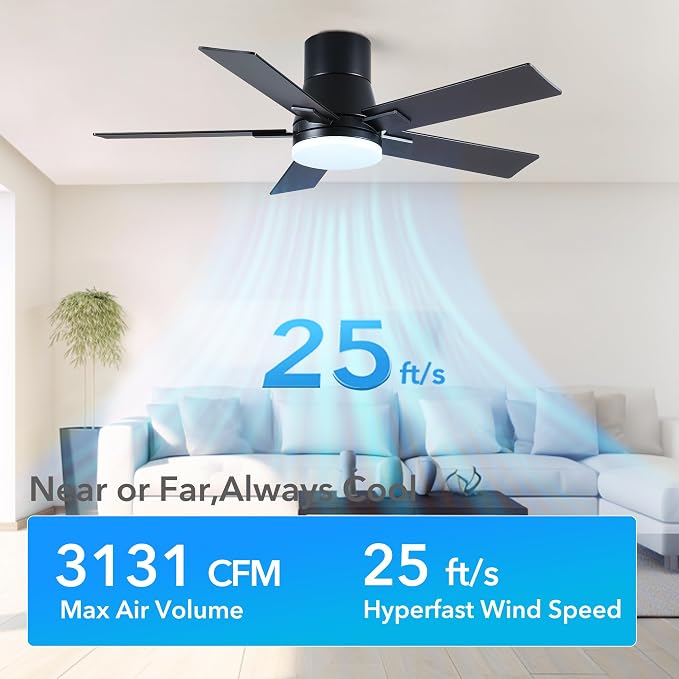 Rayqueen 42 Inch Flush Mount Black Ceiling Fans with Lights and Remote | 6 Speed Reversible DC motor,3-color temperature dimmable LED.For indoor/covered outdoor.Modern style for bedroom room