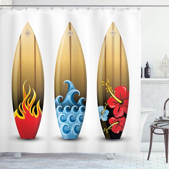 Ambesonne Surfboard Shower Curtain, 3 Colorful Woored Surf Boards Floral Sea Themed Relaxation Summer, Cloth Fabric Bathroom Decor Set with Hooks, 69" W x 75" L, Beige Blue