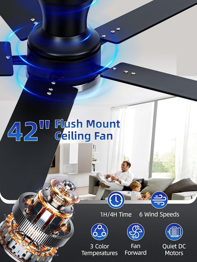 LANMEL 52 Inch Flush Mount Ceiling Fan with Light, App&Remote Control, Low Profile Modern Ceiling Fan, 6 Speed, Reversible, 3000k-6500k Dimmable LED, Quiet DC Motor for Indoor Outdoor, Silver Black